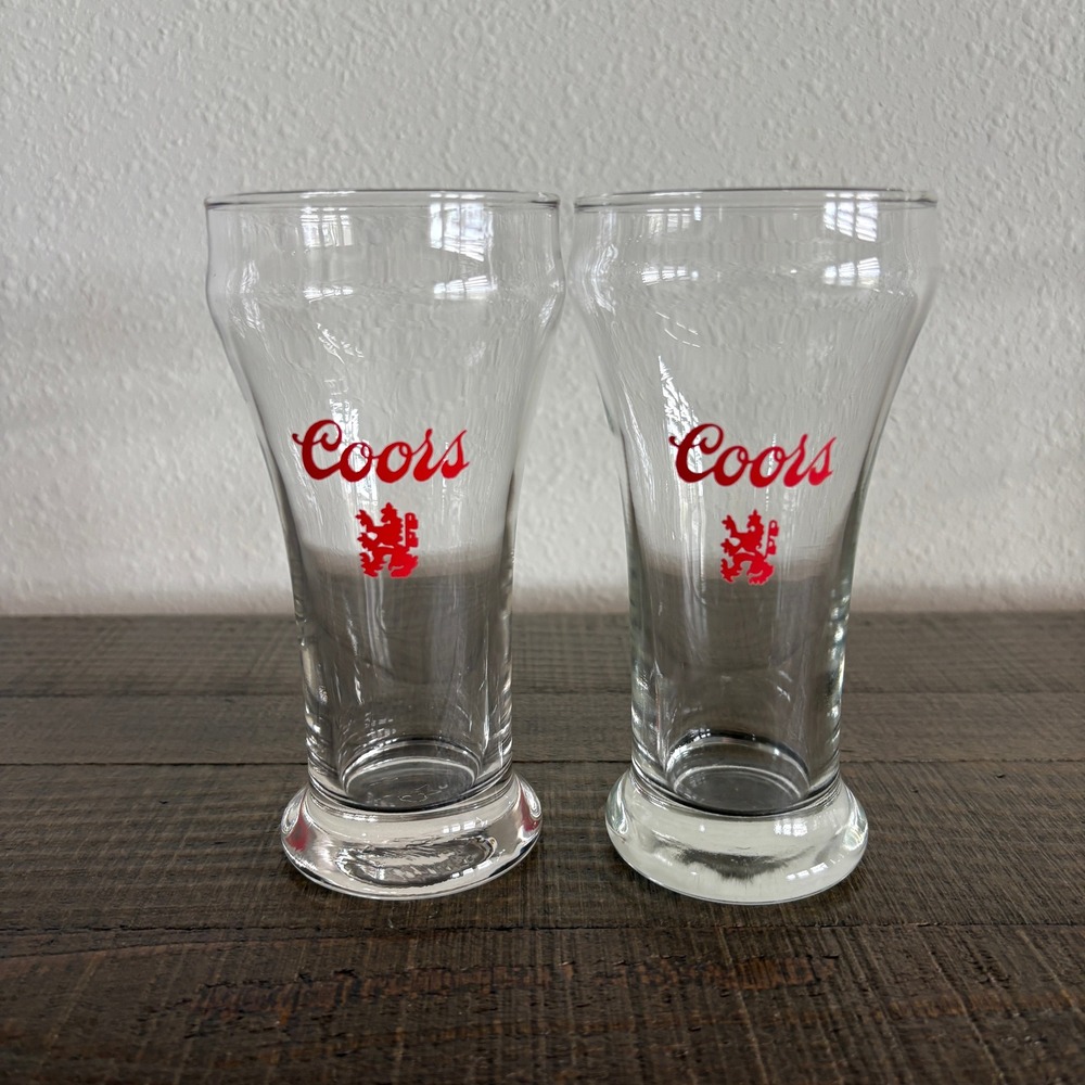 Coors Beer Pilsner Glasses Clear Red Vintage Logo Lion Crest Set of 2
